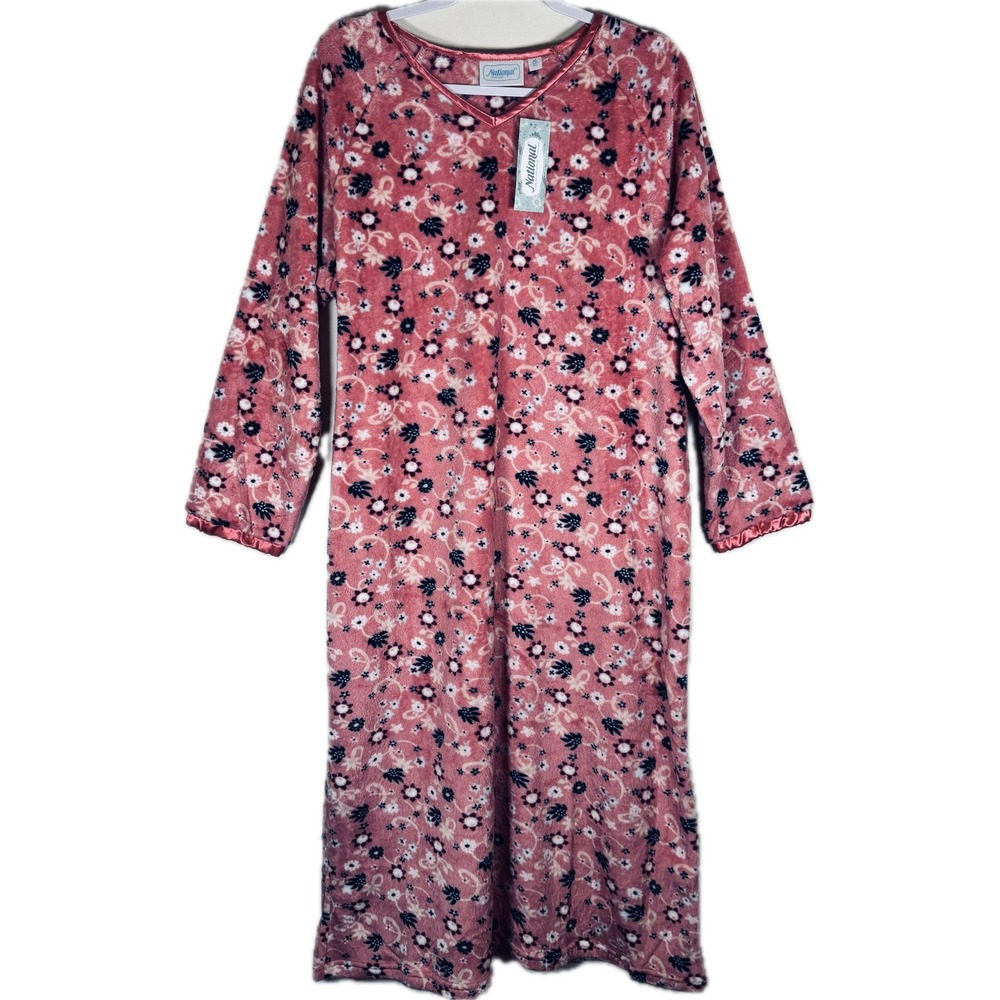 NWT National Nightgown Women XL Pink Floral Fleece Long Sleeve Sleepwear